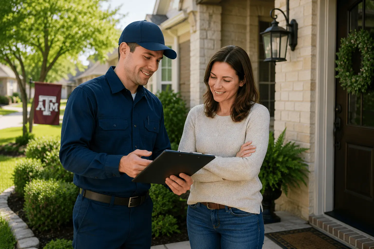 Pest control technician reviewing service pricing and treatment plan options with a homeowner outside a house in Bryan TX, illustrating the cost of professional pest control services